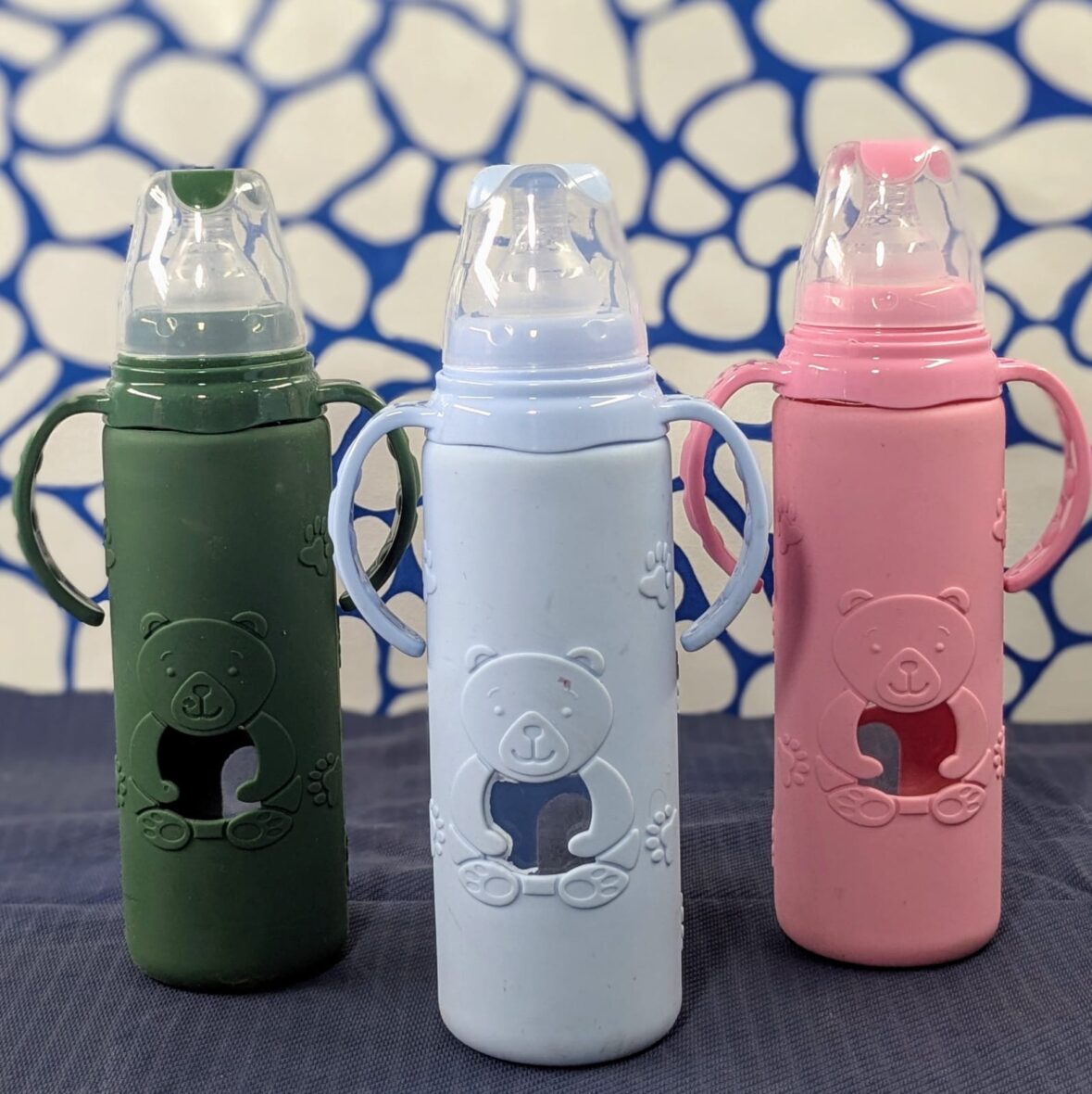 Glass Baby Bottle with Silicone Sleeve, 240ml, BPA Free, 6+ Months, Bear Design