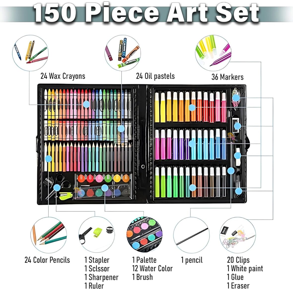150 PCS Deluxe Art Set for Kids – Colored Pencils, Crayons, Watercolors & Art Supplies Kit