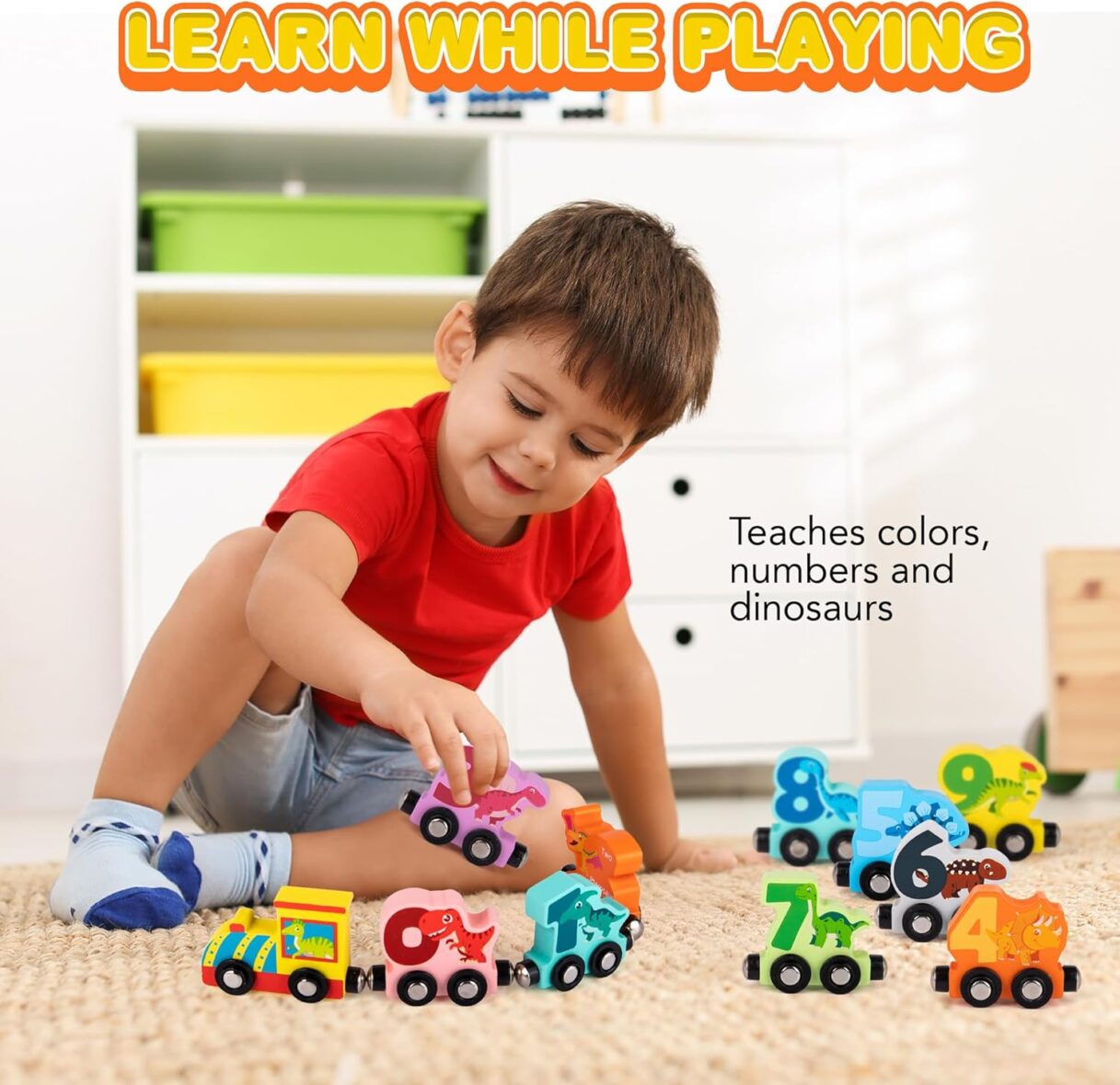Magnetic Number Train Toy – Dinosaur-Themed Educational Wooden Toy for Toddlers
