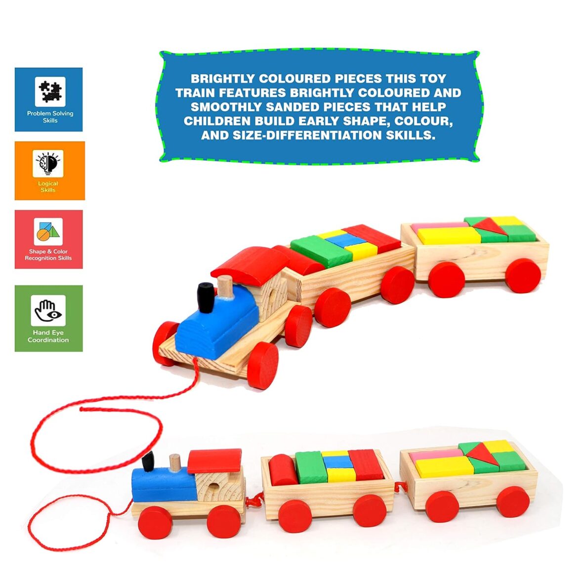 Educational Wooden Toy Train for Toddlers – Shape, Color & Size Sorting Puzzle with Pull-Along Cord