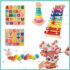 6-in-1 Wooden Educational Toy Set for Toddlers – Alphabet, Numbers, Stacking Rings, Xylophone, Lacing Toy & Wiggly Worm