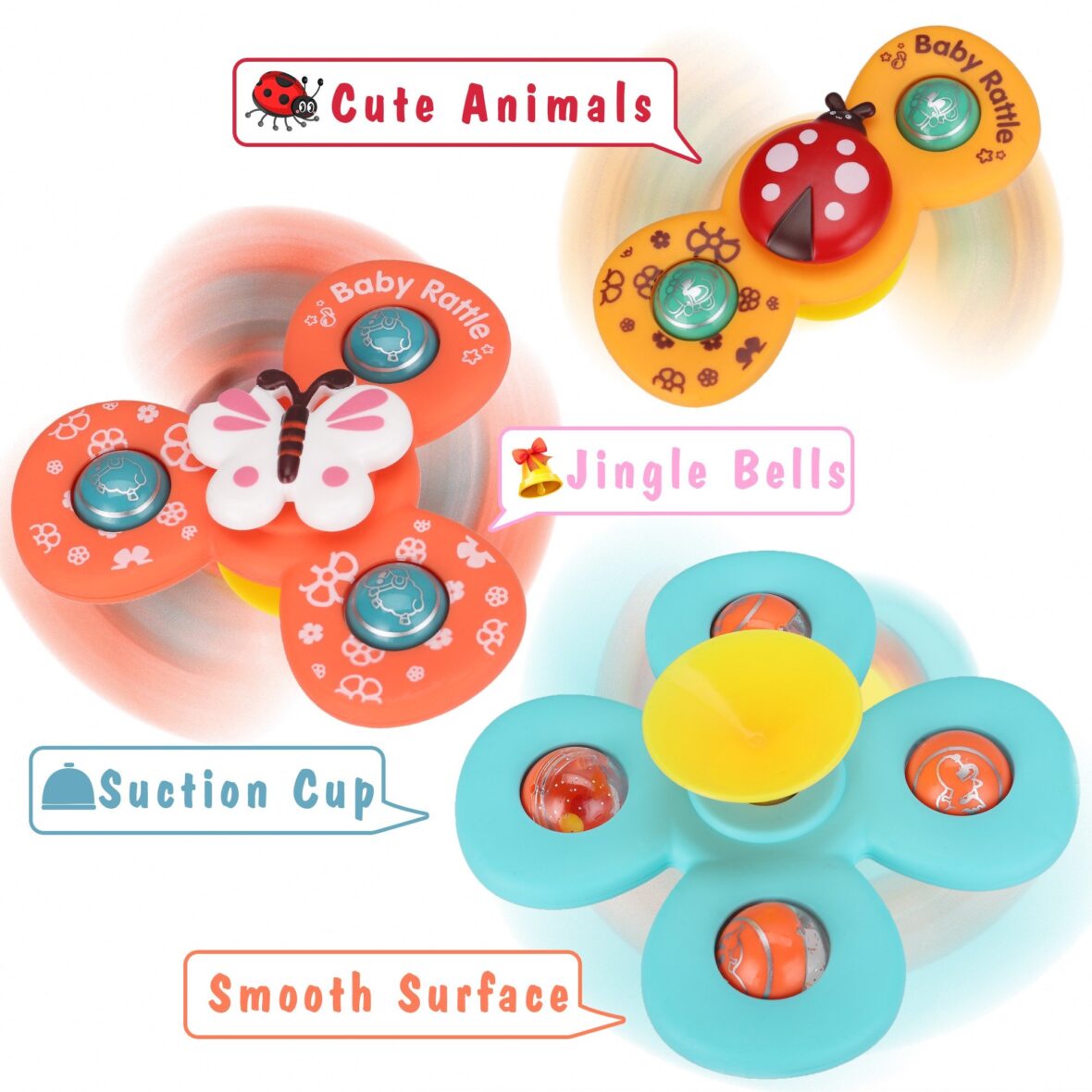 Baby Suction Spinner Rattle Toys – Animal-Themed Spinners with Jingle Bells for Sensory Play