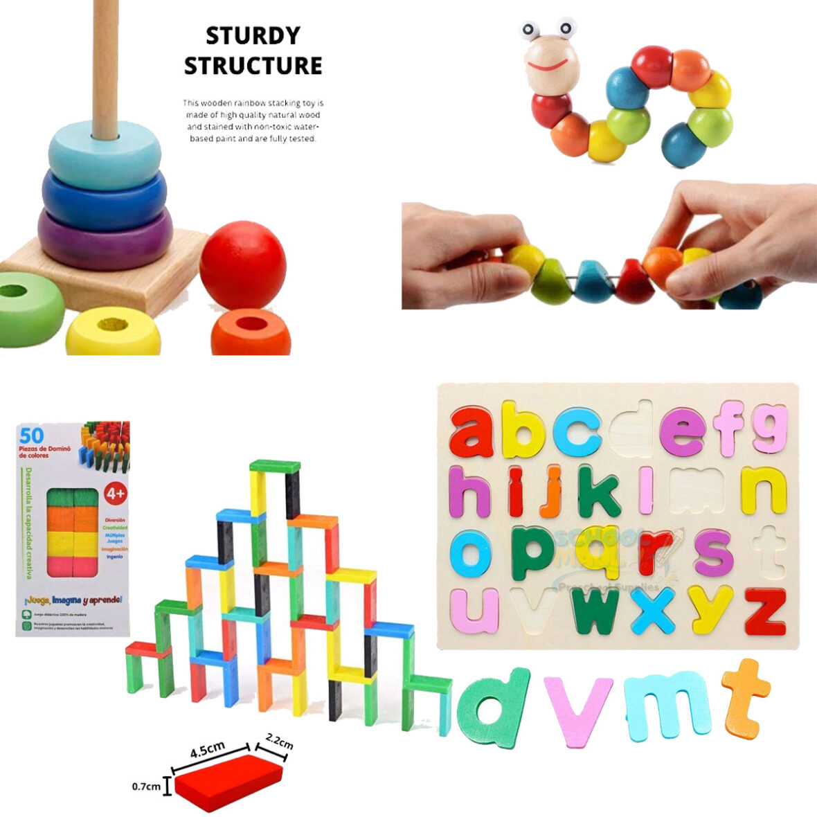 4-in-1 Wooden Educational Toy Set for Kids – Alphabet Puzzle, Domino Blocks, Stacking Rings & Wiggly Worm