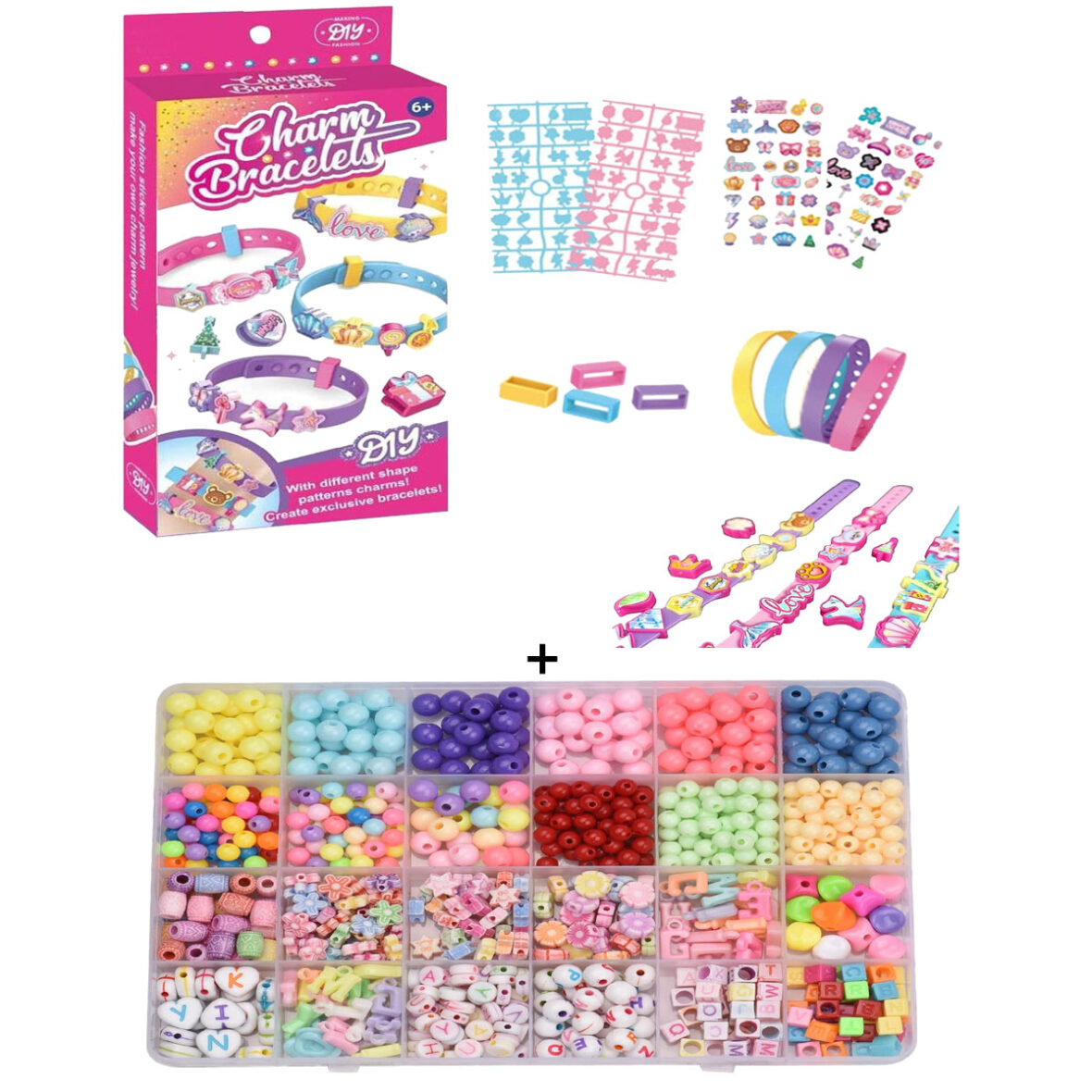 Pack of 2 – DIY Charm Bracelet & Beads Set for Girls – Bracelet Making Kit with Alphabet Beads, Charms & Accessories (Ages 6+)