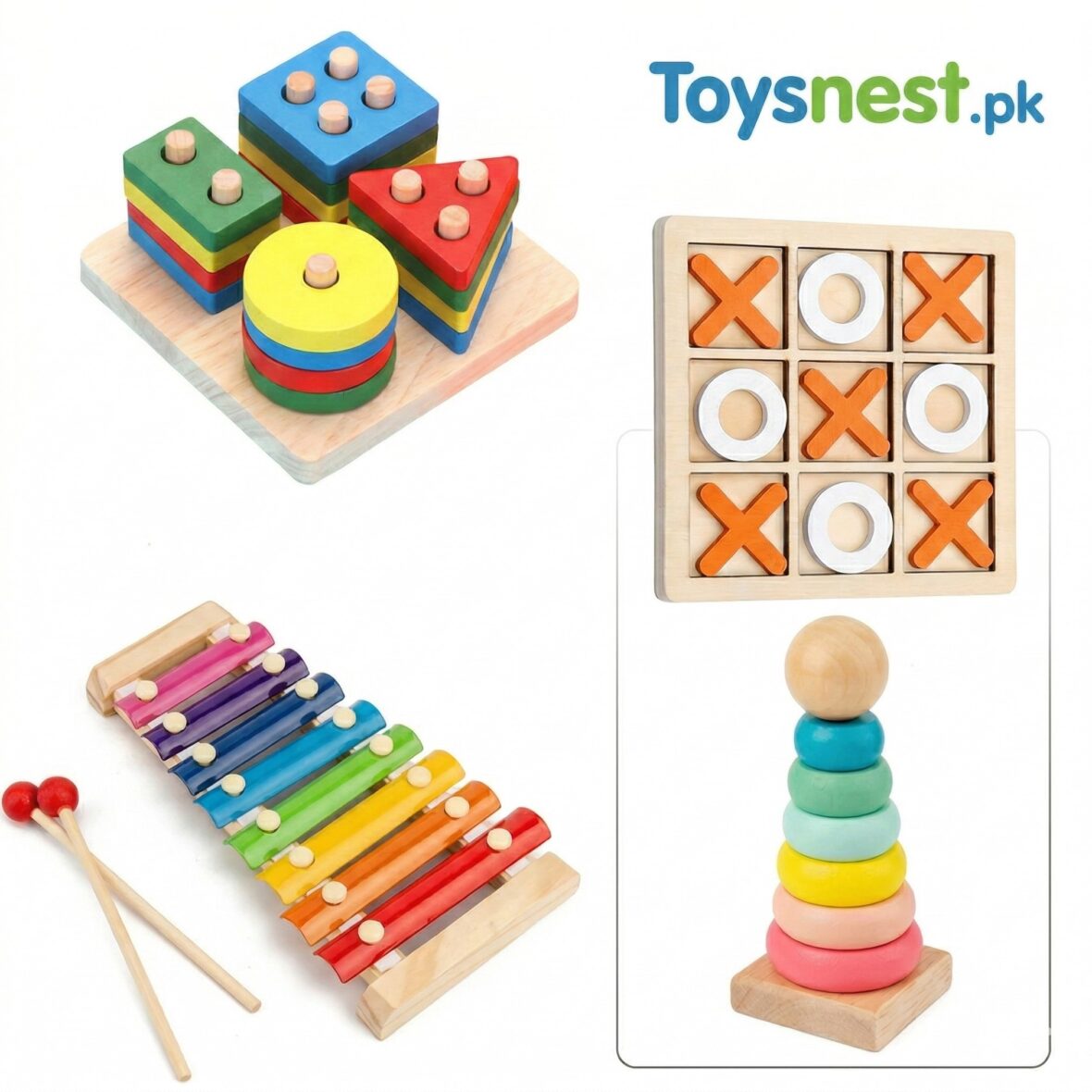 4PCS Wooden Montessori Toys Set β Xylophone, Shape Sorter, Stacking Rings & Tic Tac Toe for Toddlers
