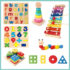 6PCS Wooden Educational Toys Set – Alphabet & Number Puzzles, Xylophone, Stacking Toys, Shape Sorter & Caterpillar Toy for Toddlers