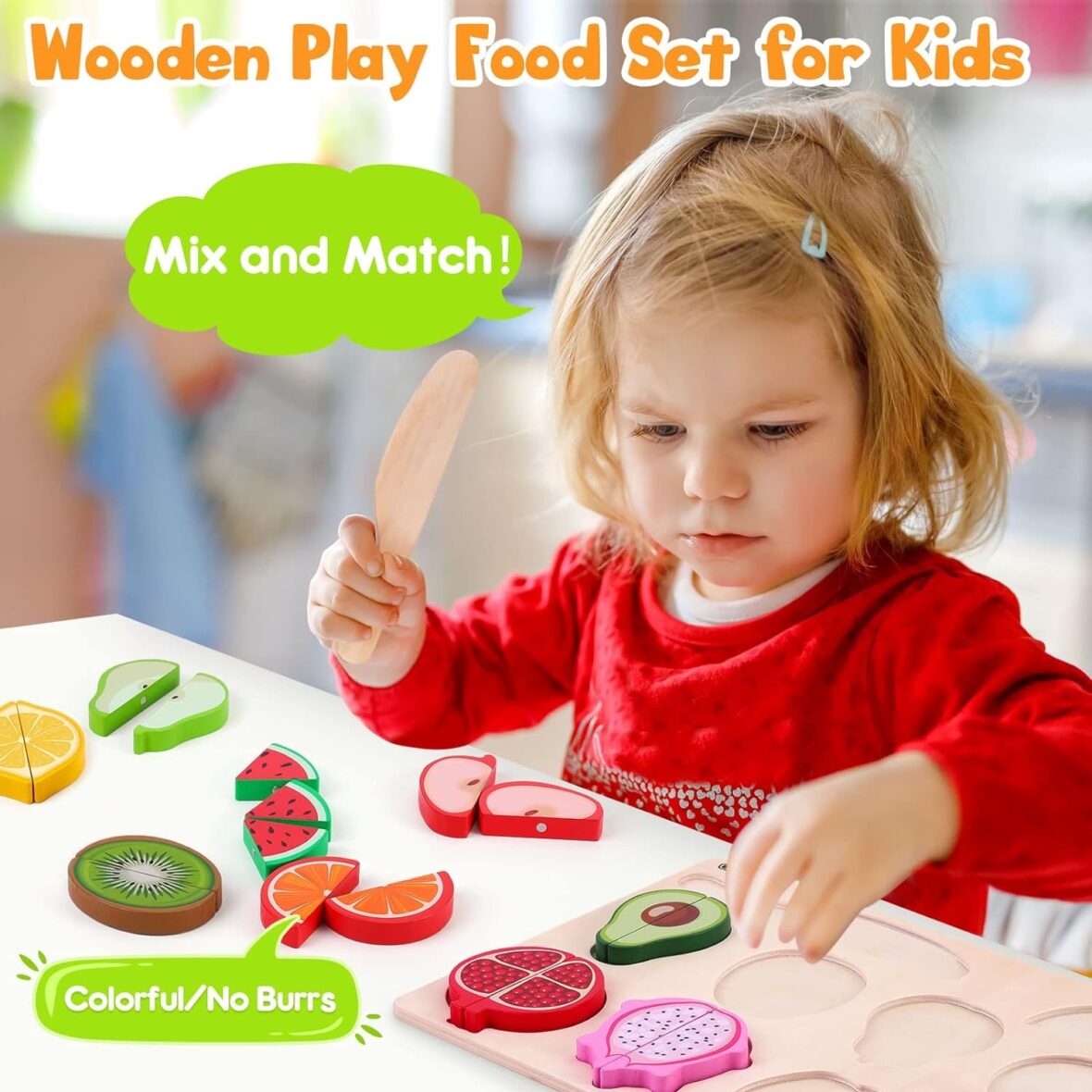 9-Piece Wooden Fruit Slicing Puzzle – Montessori Educational Kitchen Toy