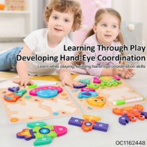 2-in-1 double-sided wooden 3D jigsaw puzzle for toddlers featuring construction vehicles and fruit shapes with a dry-erase drawing board