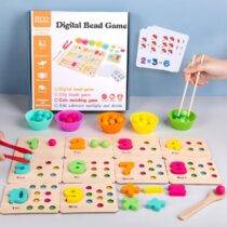 A Montessori digital bead game featuring wooden number tiles from 1-10, colorful beads in silicone cups, and a child using red tongs and wooden chopsticks to sort the beads