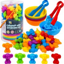 A colorful counting koala set featuring 48 animal counters in 6 colors, 6 matching sorting cups, and 2 pairs of plastic tweezers for fine motor play
