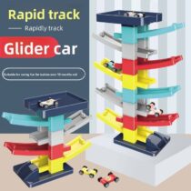 A tall 7-tier colorful zig-zag ramp racer toy with miniature cars gliding down the tracks, labeled Rapid Track Glider Car for babies over 18 months.