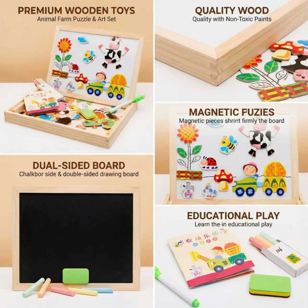 Magnetic Wooden Animal Farm Puzzle & Art Case – 2-in-1 Double-Sided Drawing Board (Chalkboard & Whiteboard) – Montessori Educational Toy for Creative Kids