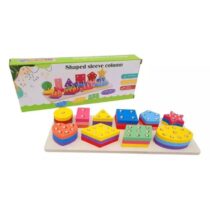 Colorful wooden Montessori sorting board with 10 geometric shapes stacked on varying peg patterns, including stars, hearts, and hexagons