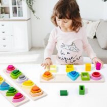Colorful wooden Montessori stacking toy with 5 columns featuring nesting geometric shapes like clouds, circles, and triangles in vibrant rainbow colors