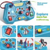 Montessori busy board toy for toddlers featuring colorful LED lights, power switches, a key lock, and a rotary dial