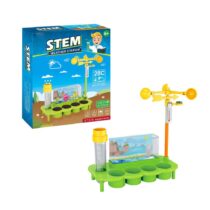 STEM Weather Station kit featuring a green base with planting pots, a rain gauge, a wind vane, and a thermometer next to its blue retail box