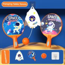 Space-themed indoor hanging table tennis set featuring a white rocket suspension unit, two orange astronaut rackets, and ping pong balls