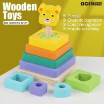 Wooden Montessori stacking toy featuring a yellow bear head topper and five colorful geometric blocks on a wooden base.