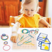 Wooden pegboard with colorful rubber bands forming geometric shapes and a stack of pattern cards