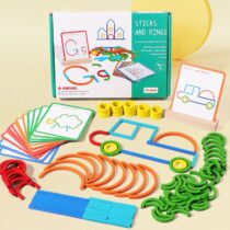 wooden sticks and rings set with colorful curved and straight pieces, activity cards showing the letter G and a car, a wooden card holder, and a white storage bag