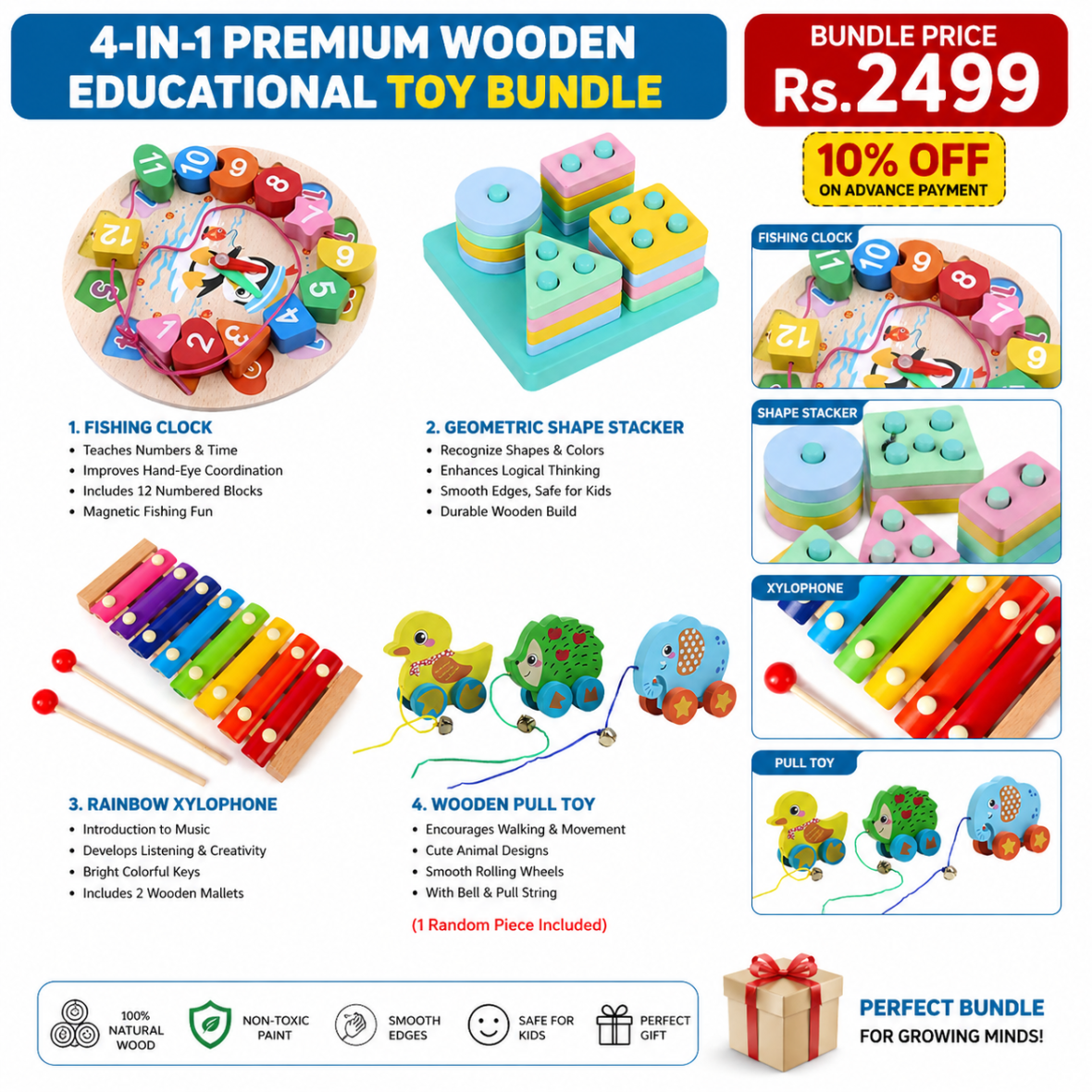 4-in-1 Wooden Educational Toy Bundle for Kids 🎁 | Shape Sorter, Seton Clock, Xylophone & Pull Toy | Montessori Learning Set