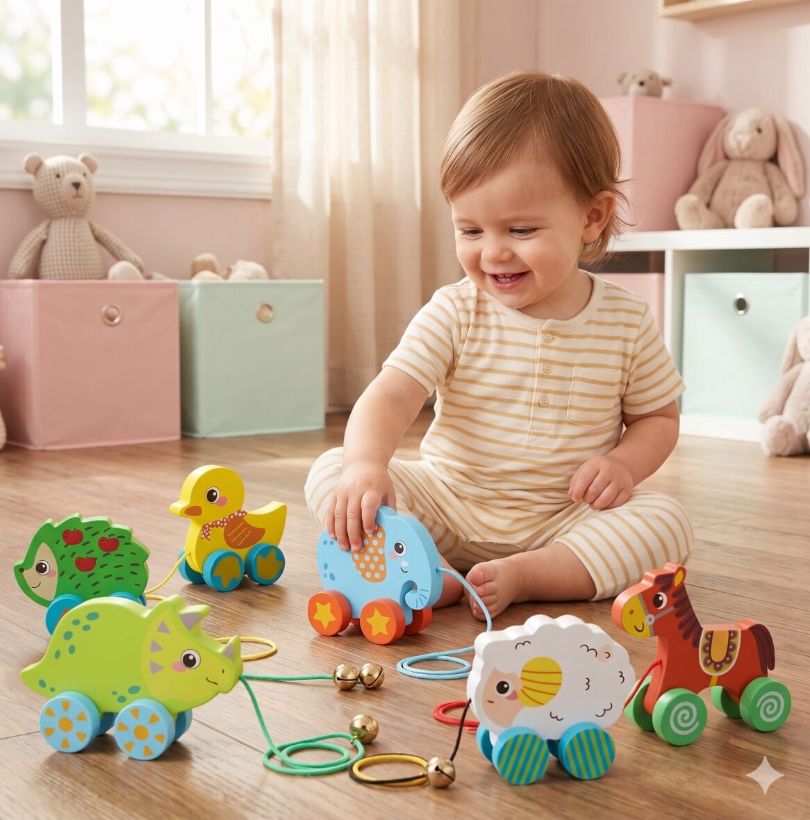 Wooden Animal Pull Toy for Toddlers – Colorful Baby Walking Toy with Wheels & Bell | Educational Montessori Toy Gift for Kids (1 Piece)