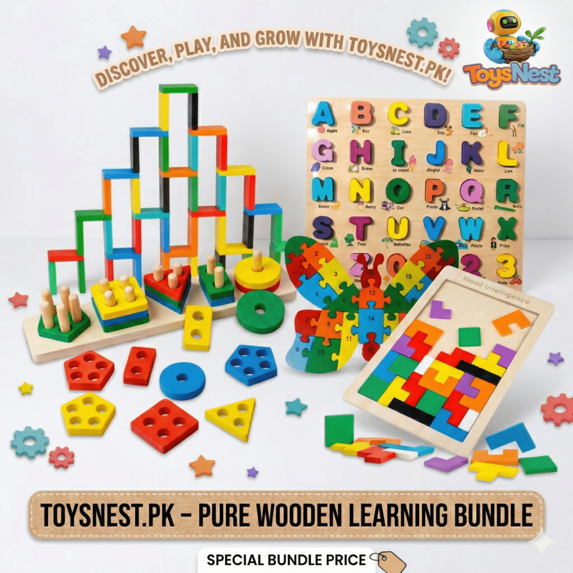 5-in-1 Montessori Wooden Learning Bundle – Alphabet Puzzle, Dominoes, Tetris & Geometric Stacker