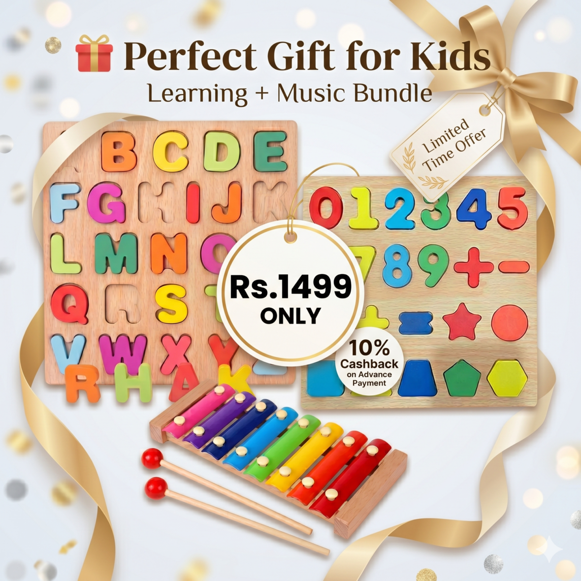 3-in-1 Wooden Learning & Music Gift Bundle – Alphabet Puzzle, Number Board & Xylophone