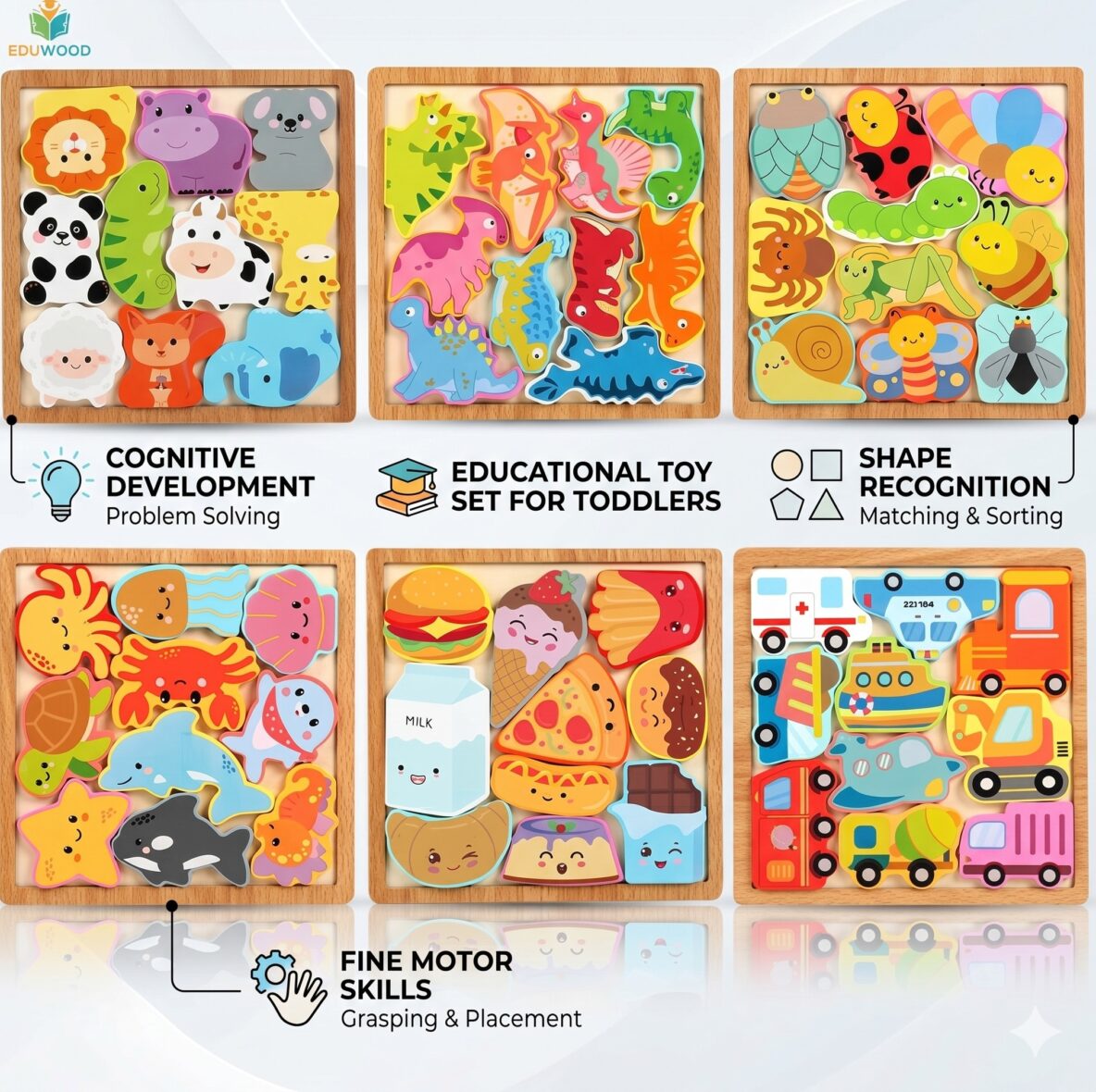 Wooden Puzzle Boards for Kids (6 Pack)