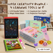Ultimate 4-in-1 kids creative learning bundle featuring a red 8.5 inch color LCD writing tablet, 4 reusable magic practice copybooks with 10 refills, a magic zoo water book, and a pink projection flashlight for toddlers.