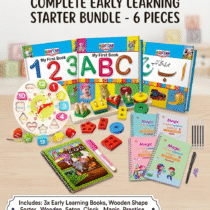 6-piece complete early learning starter bundle featuring 3 board books, wooden shape sorter, wooden lacing clock, magic copybooks, and water book.