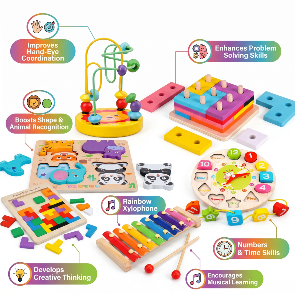6-in-1 Montessori Wooden Toy Bundle – Essential Early Learning Set for Toddlers
