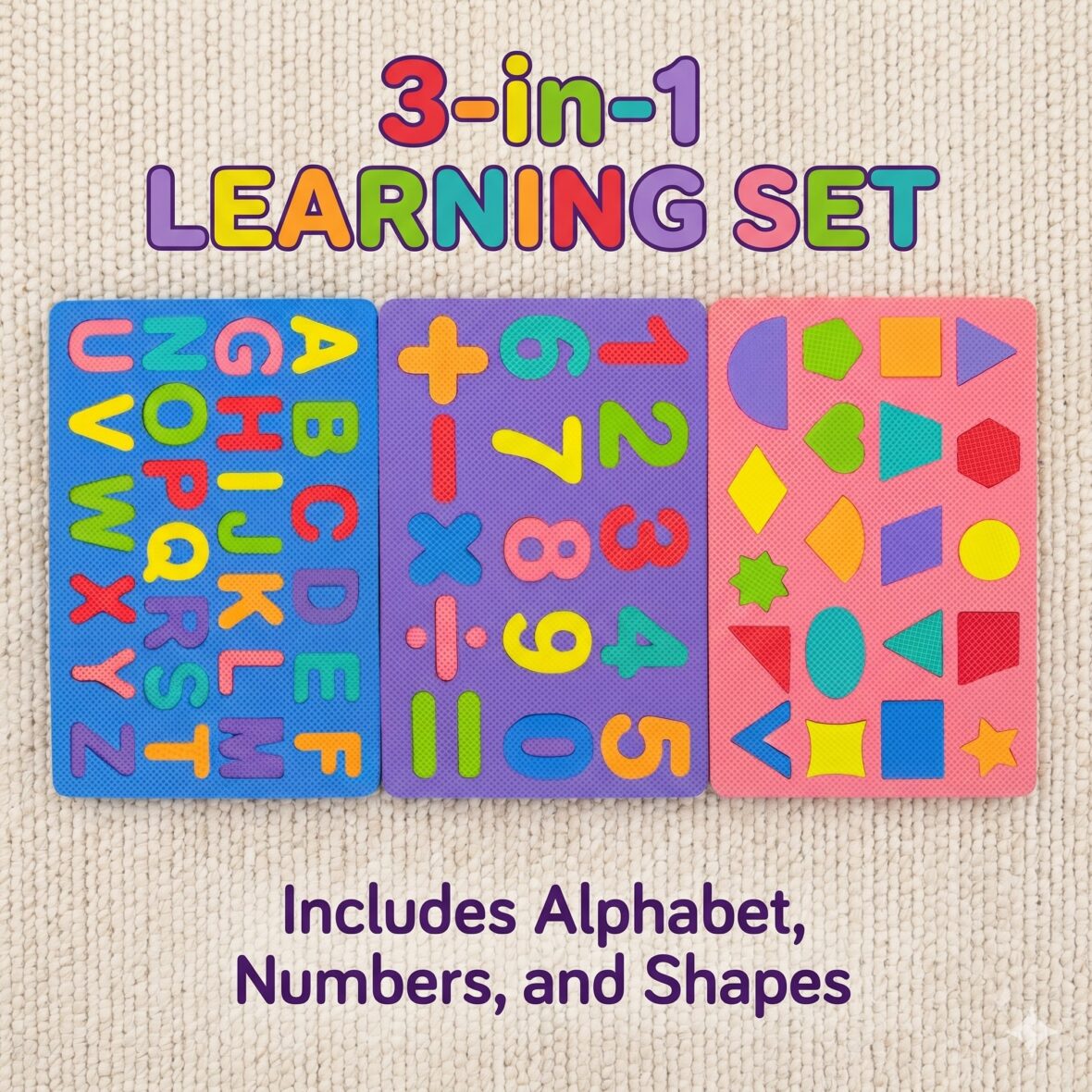 Kids EVA Foam Puzzle Mat Set – Alphabet, Numbers & Shapes Learning Mats (3-Pack)