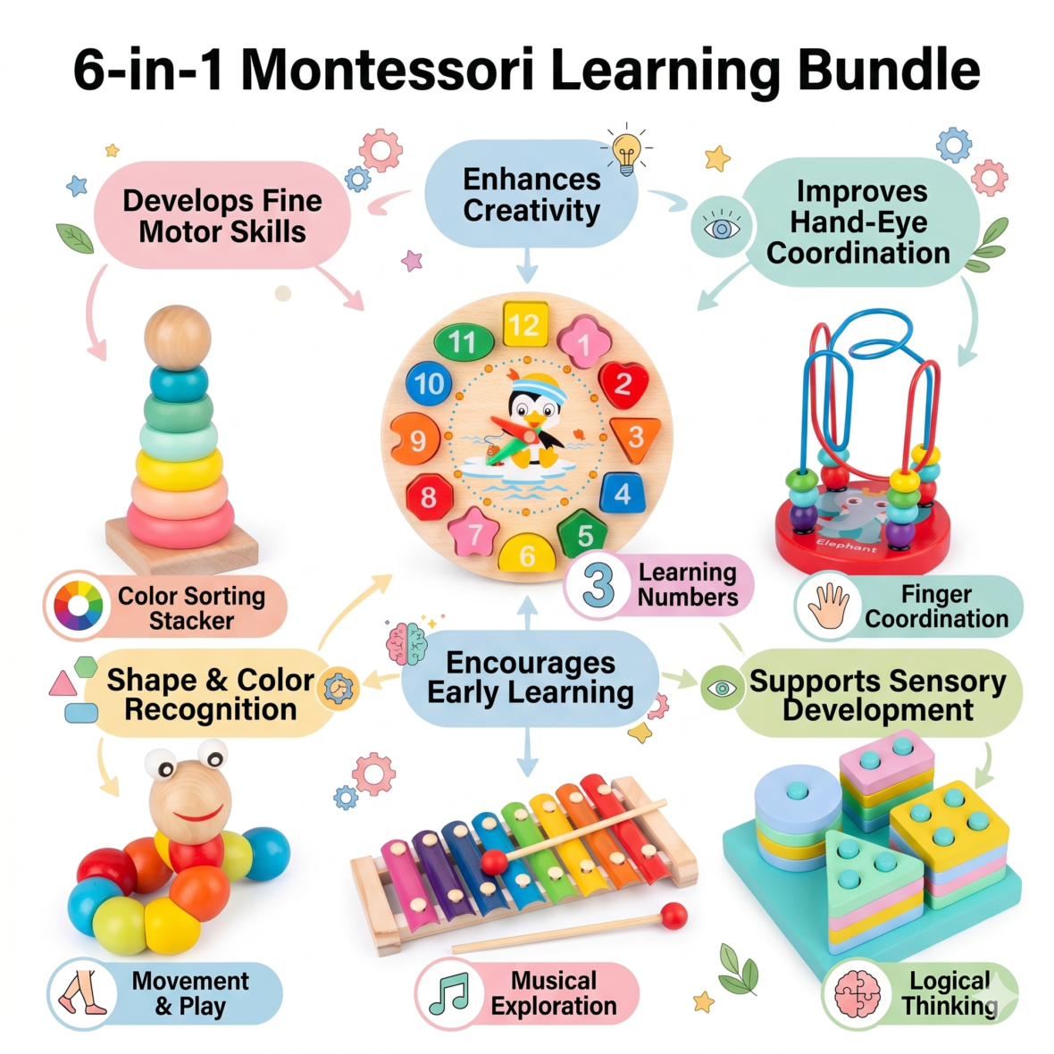 6-in-1 Montessori Wooden Learning Toy Bundle