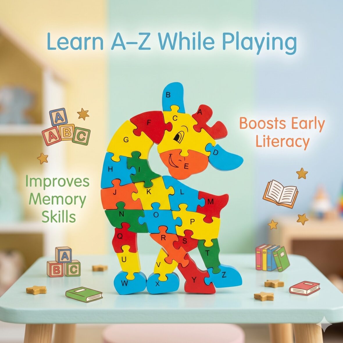 Wooden Alphabet Puzzle for Kids | Colorful Animal Shape Jigsaw Toy