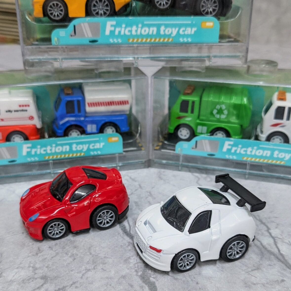 Pack of 2 Friction Powered Toy Cars – 1:36 Scale Mini City & Sports Vehicles