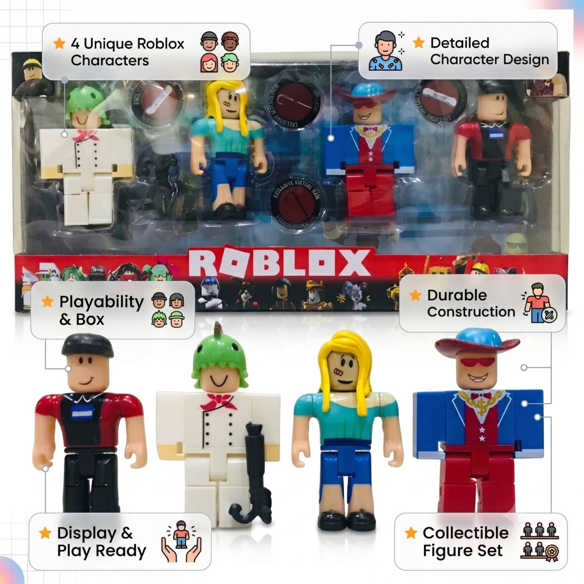 Roblox 4-Piece Action Figure Set – Collectible Character Toy Pack (8-9 cm Figures) with Accessories