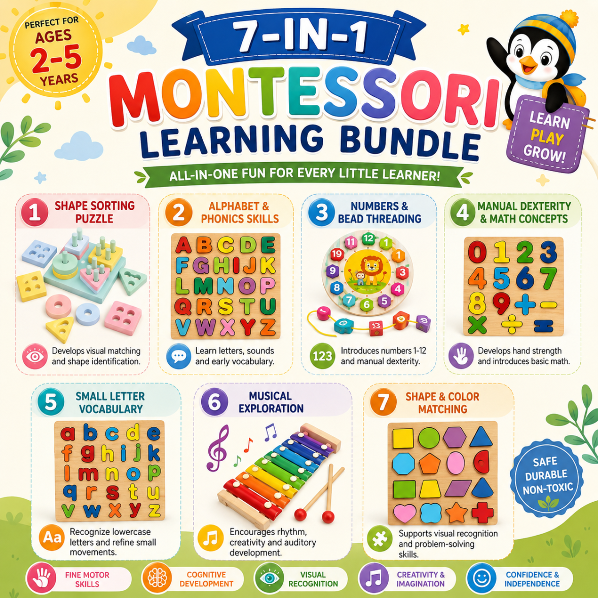 7-in-1 Montessori Learning Bundle for Kids | Wooden Educational Toys Set (Age 2-5 Years)