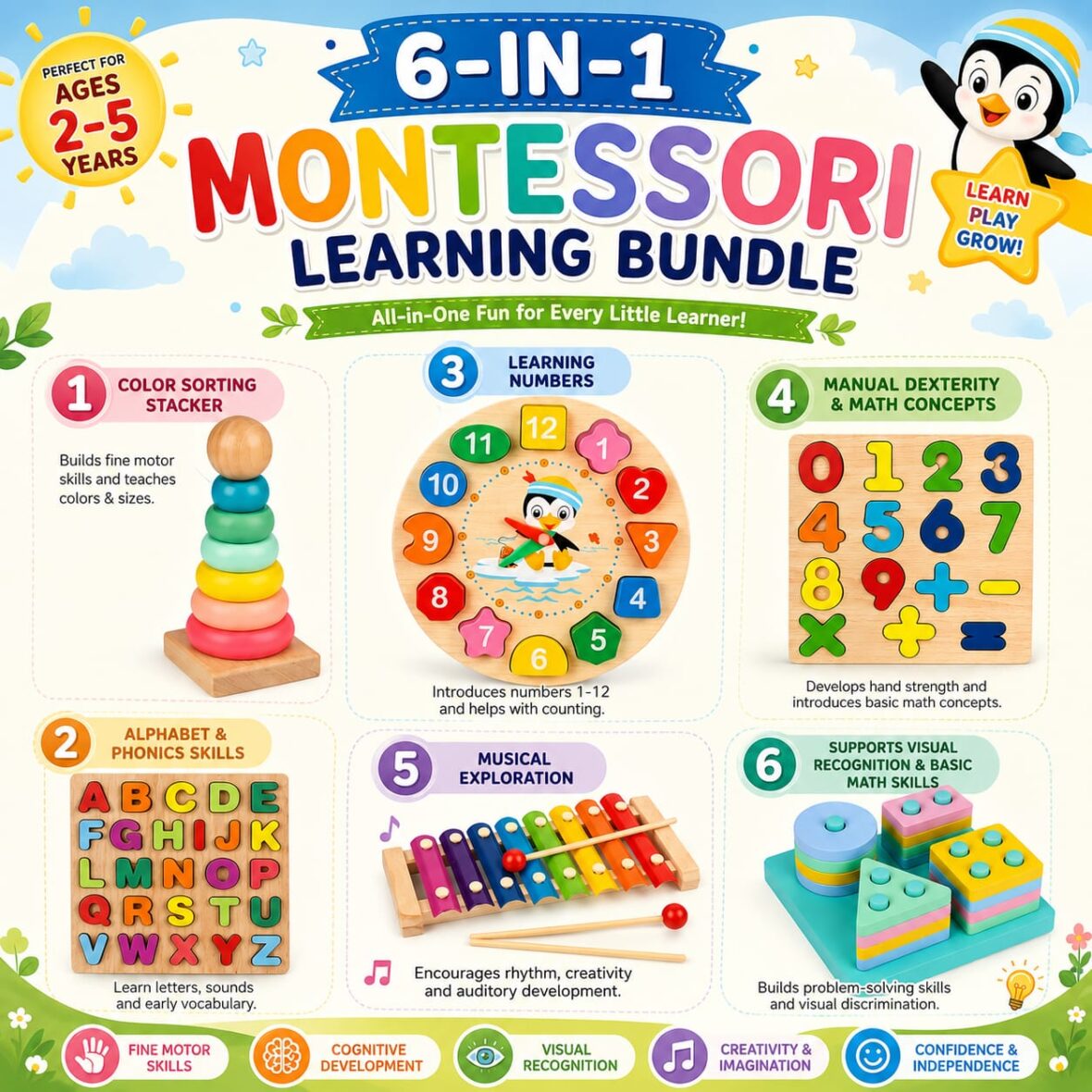 6-in-1 Montessori Learning Bundle | Wooden Educational Toys for Toddlers Ages 2-5