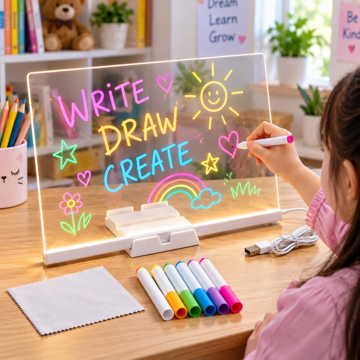 USB Powered LED Acrylic Writing Board with 6 Colorful Markers 12 inches